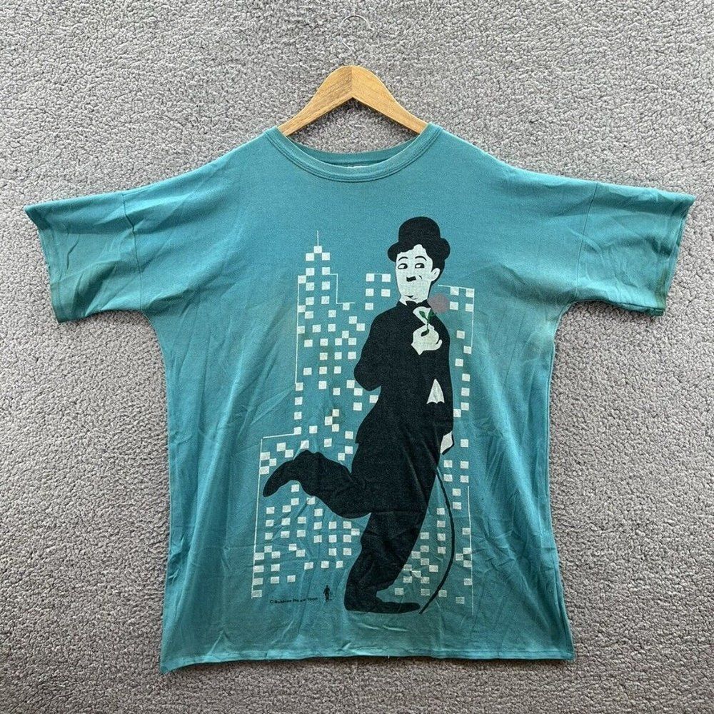 Flirts Bubbles Inc. 1986 Charlie Chaplin Teal Blue T-Shirt￼
